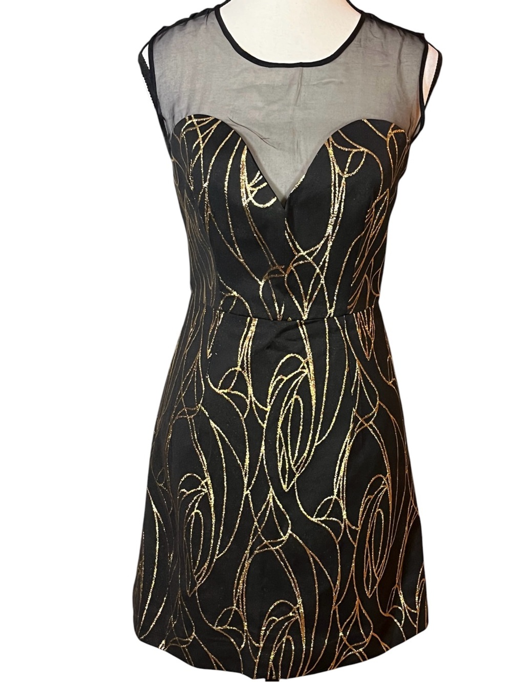 MILLY Black & Gold Mini Dress Sheath Sheer Neckline Womens Size 2 Cocktail Party